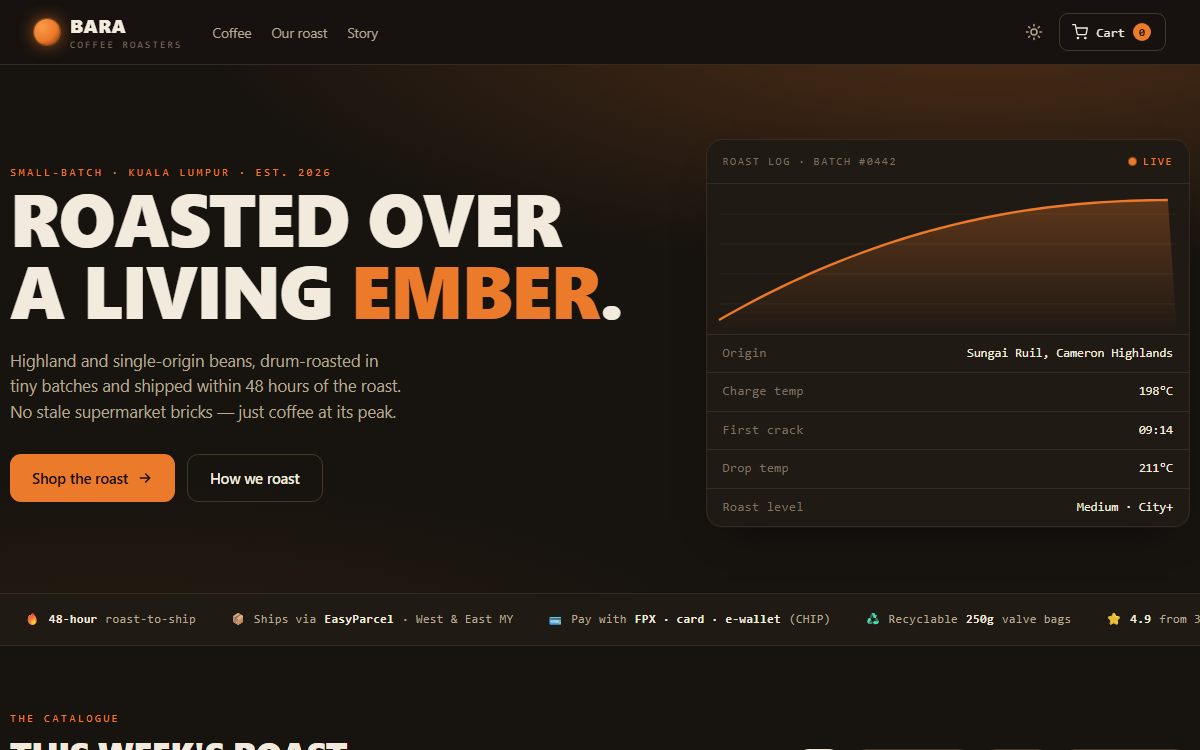 Screenshot of the BARA Coffee Roasters site